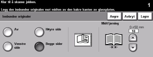 Innbundne originaler Denne funksjonen brukes når du skal kopiere sider fra innbundne dokumenter til separate 1-sidige eller 2-sidige kopier.