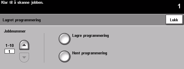 Lagret programmering Bruk denne funksjonen til å programmere opptil 10 mye brukte programmeringssekvenser, for eksempel kombinasjoner av valg som Kantfjerning og Innbundne originaler.