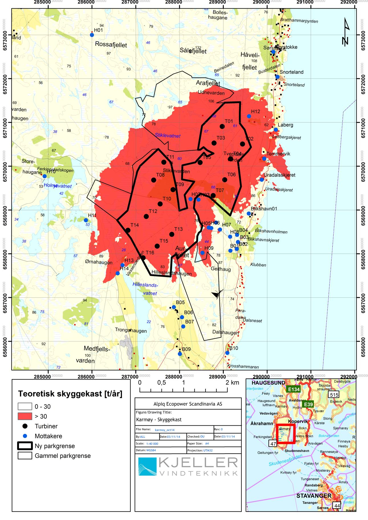 Figur 4: Kart over Karmøy med antall teoretiske skyggekasttimer per år, berørte skyggekastmottakere og turbiner.