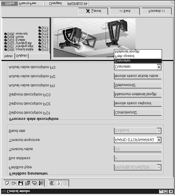 I Starte programmet "Oppvikler med konstant trekkraft" Feltbussparameter og prosessdataterminering Figur 7: Feltbussparameter og prosessdataterminering 887AEN Kun ved styring via feltbus/systembus: