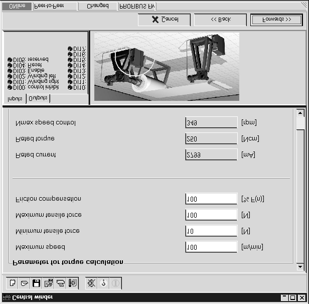 I Starte programmet "Oppvikler med konstant trekkraft" Parameter for dreiemomentberegning Figur 9: Parameter for dreiemomentberegning 89AEN Maksimal banehastighet: Legg inn maksimalt tillatt