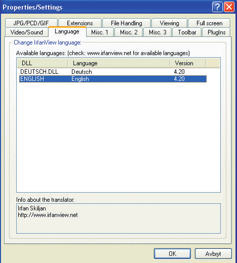 Du finner mer informasjon og kan laste ned andre språkpakker på www.irfanview.