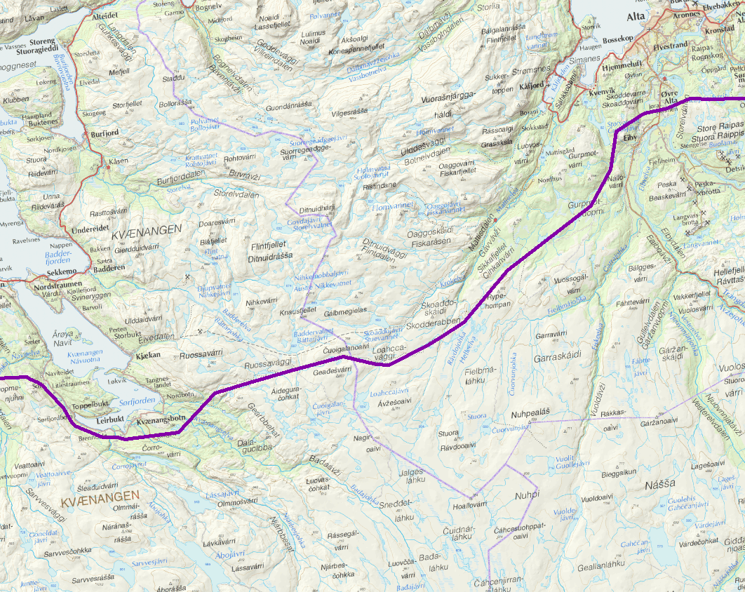 0 ved Kåfjordalen er markert i blått. Alternativ 1.23 ved Skibotn og 2.