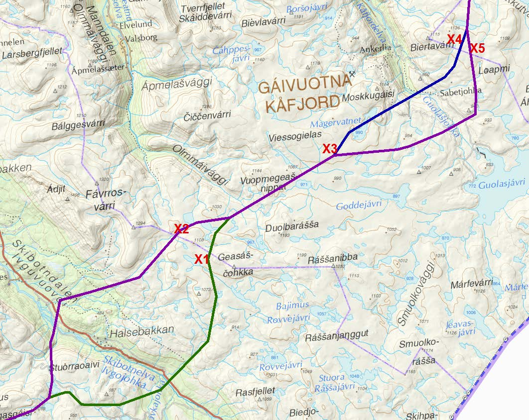 Figur 4: Utsatte deler av trasealternativene Skibotn Reisadalen markert med X. Alternativ 1.2 / 1.