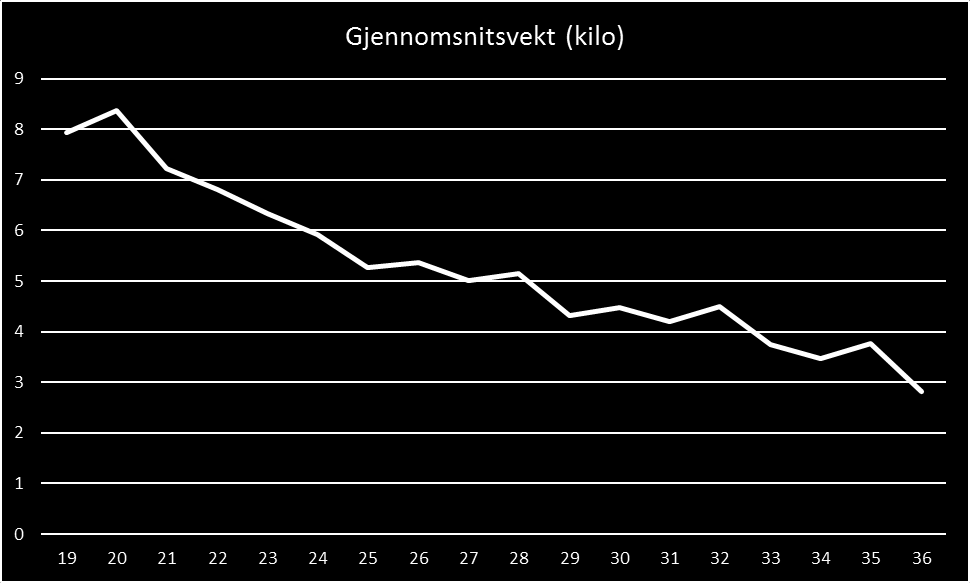 Gjennomsnittsvekten går ned etter som andelen