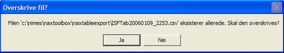 Outputfil er i.csv formatet og plasseres i henhold til NaxTableExport.exe.config med input-tabellnavn, eksportdato og klokke.