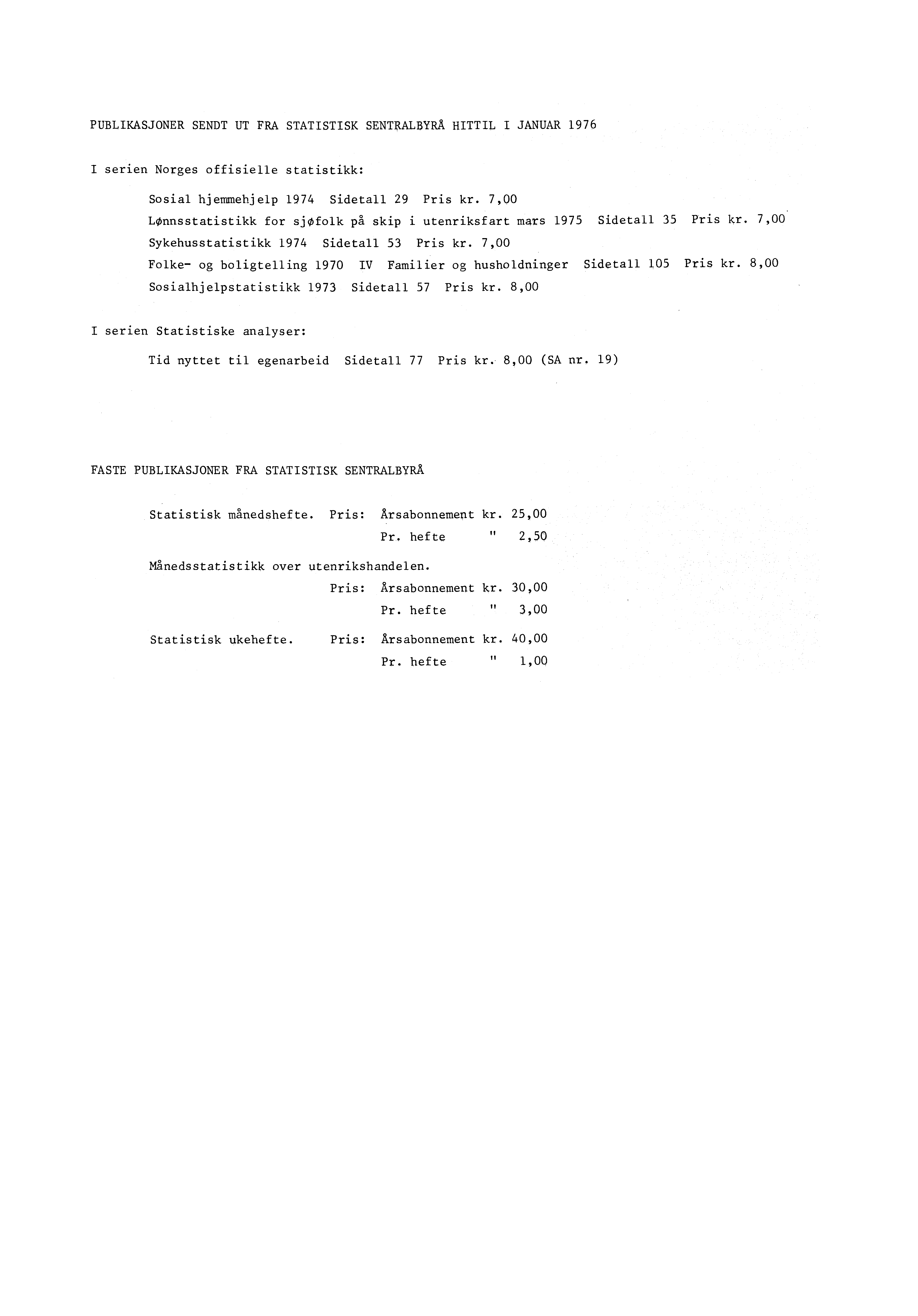 PUBLIKASJONER SENDT UT FRA STATISTISK SENTRALBYRA HITTIL I JANUAR 1976 I serien Norges offisielle statistikk: Sosial hjemmehjelp 1974 Sidetall 29 Pris kr.