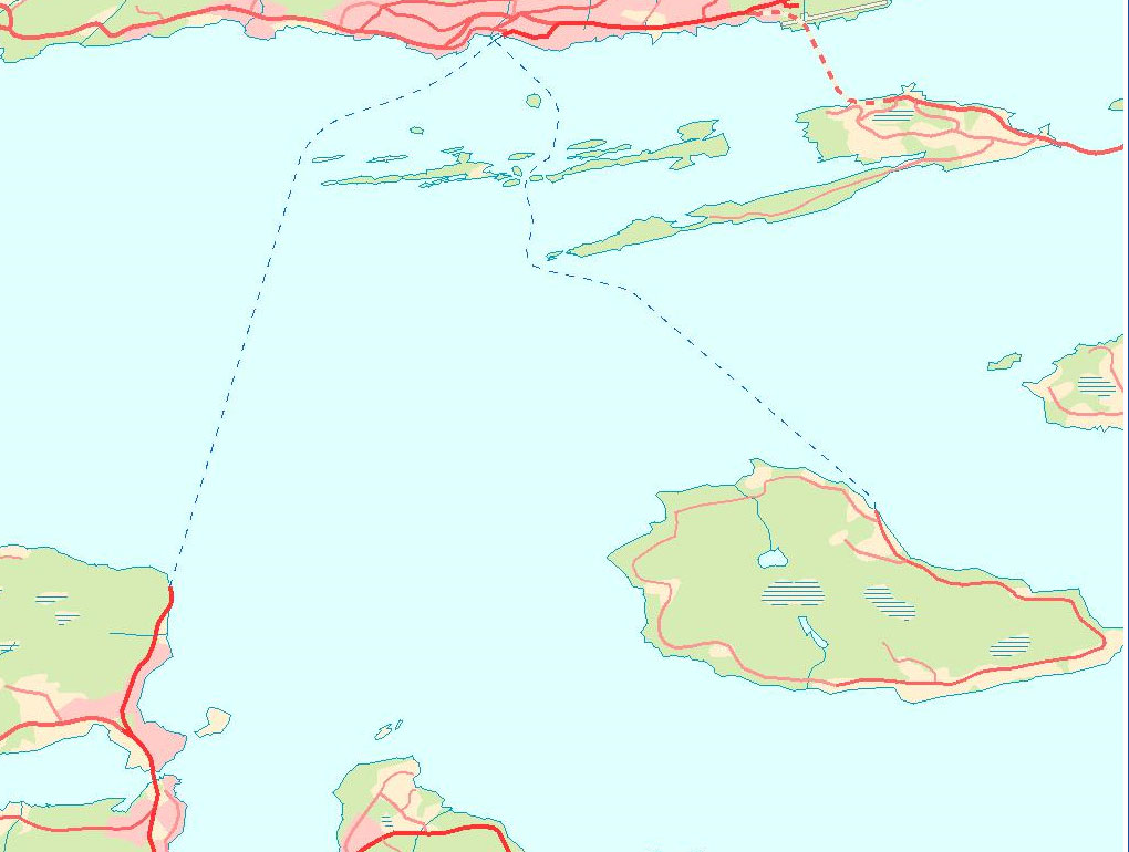 Traseer og avstander for de tre hurtigbåtrutene rundt Ålesund. Avstandene er oppgitt i km.