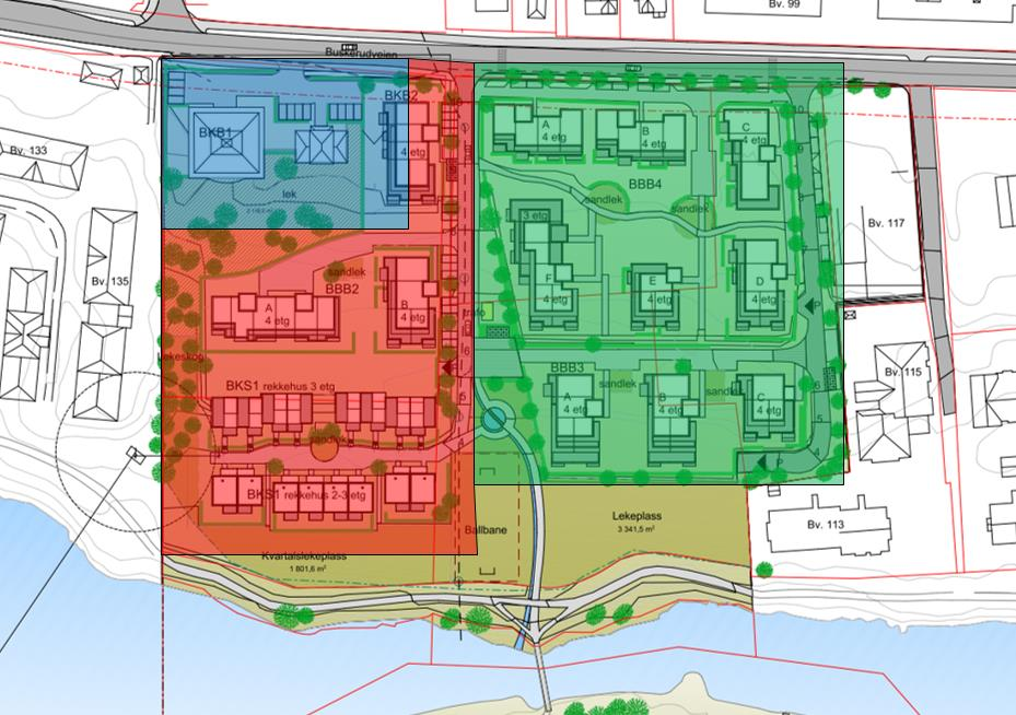 10 Oversikt over antatt valg av avkjørsel. Området merket rødt forventes å benytte den vestlige avkjørselen, mens boliger i område med grønn farge antas å bruke den østlige.
