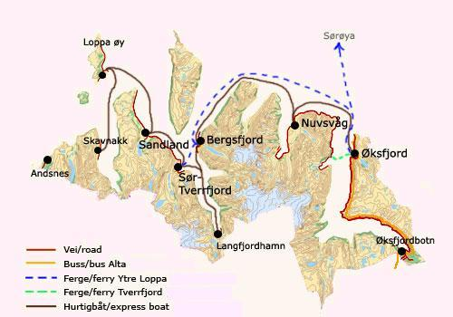 å reise tur/retur mellom Øksfjord og stedene i vestre Loppa samme dag.