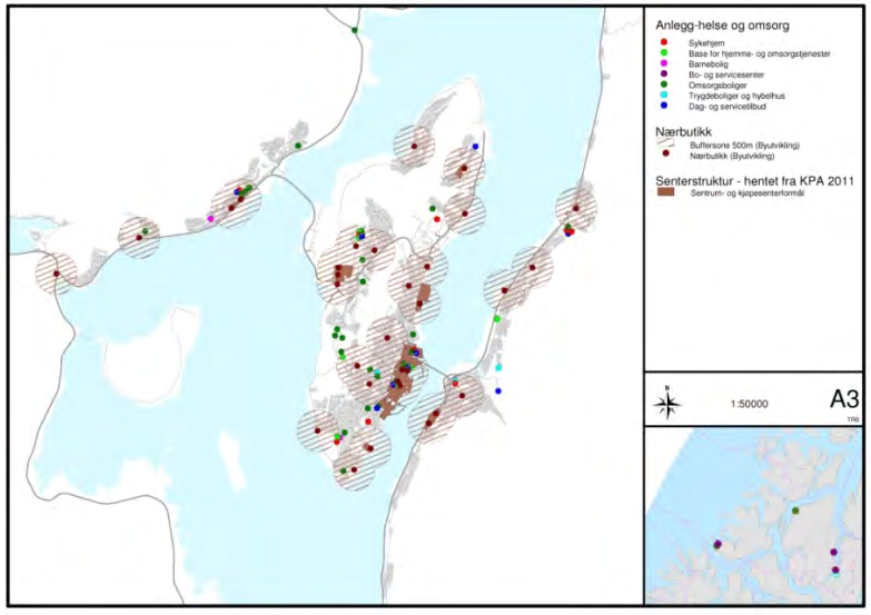 Kart og tekst fra «Strategi for utvikling av eiendommer til helse og omsorg i Tromsø 2012 2032» Dette er trolig et like viktig folkehelsekart.