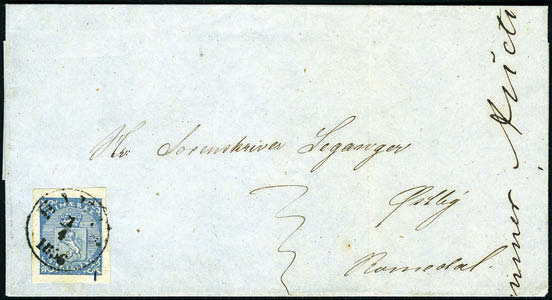 4 skilling våpen 1855 på brevomslag, stemplet «Hamar 7.4.1856».