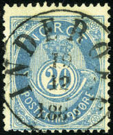 500,- 1590 40 IIb. 20 øre blå, rettvendt fullstemplet «Inderøen 10.12.1884».