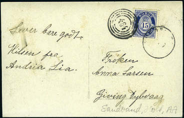 5 øre Posthorn på postkort, annullert med firerings "247" (Kilebygdens