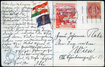 1807 1805 ex 1806 1804 77,Spitsbergen E 8. 10 øre Posthorn på postkort, stemplet "Hammerfest 20.7.08".