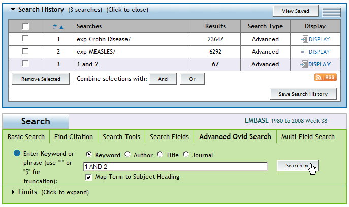 Søkeresultat EMBASE Kombinasjonssøking 1 Det er mulig å kombinere søk ved å skrive søkenummer fra søkehistorikken i søkefeltet og kombinere med