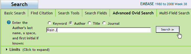 EMBASE Forfattersøk 1 Velg Author Legg inn etternavn og første bokstav i fornavn (hvis kjent), og trykk på Search -knappen Det er