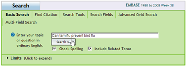 EMBASE Enkeltsøk Ovids nye Basic search er en forbedret søkemotor som skal gjøre faglig søking enklere og hvor du kan gjøre tekstordsøk eller søk med naturlig språk.