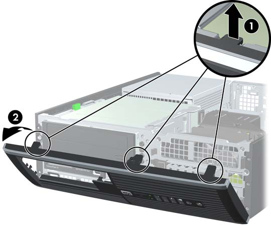 Fjerne frontpanelet 1. Fjern/løsne sikkerhetsenheter som gjør at du ikke kan åpne datamaskinen. 2. Fjern alle flyttbare medier, for eksempel CD-er eller USB-flashstasjoner, fra datamaskinen. 3.