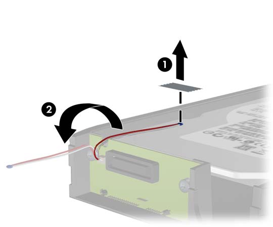 3. Fjern klebebåndet som fester varmesensoren til toppen av harddisken (1), og flytt varmesensoren vekk fra boksen (2).