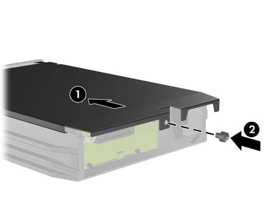 9. Skyv dekslet på boksen (1), og sett på igjen skruen på baksiden av boksen for å feste dekslet (2). Figur 45 Sette på igjen dekslet på harddiskboksen 10.