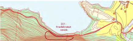 213 Svardalsvatnet sørside UTM: EUREF89 32VLP, Ø: 113, N: 270 Naturtype: Nordvendte kystberg og blokkmark B04 Utforming: Sørlig, oseanisk moseutforming B0402 Verdi: Svært viktig A Trusler: