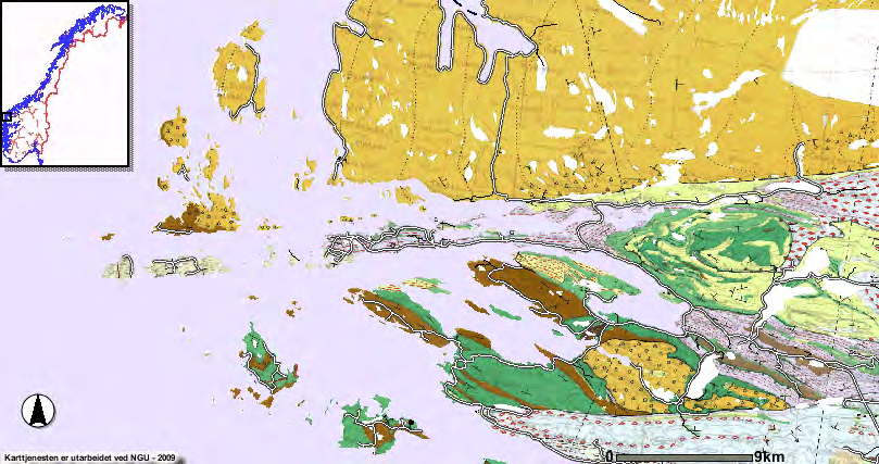 Figur 4. Utsnitt av berggrunnsgeologisk kartblad MÅLØY (Kildal 1971) som syner utbreiinga til dei ulike bergartane i og rundt Flora kommune.