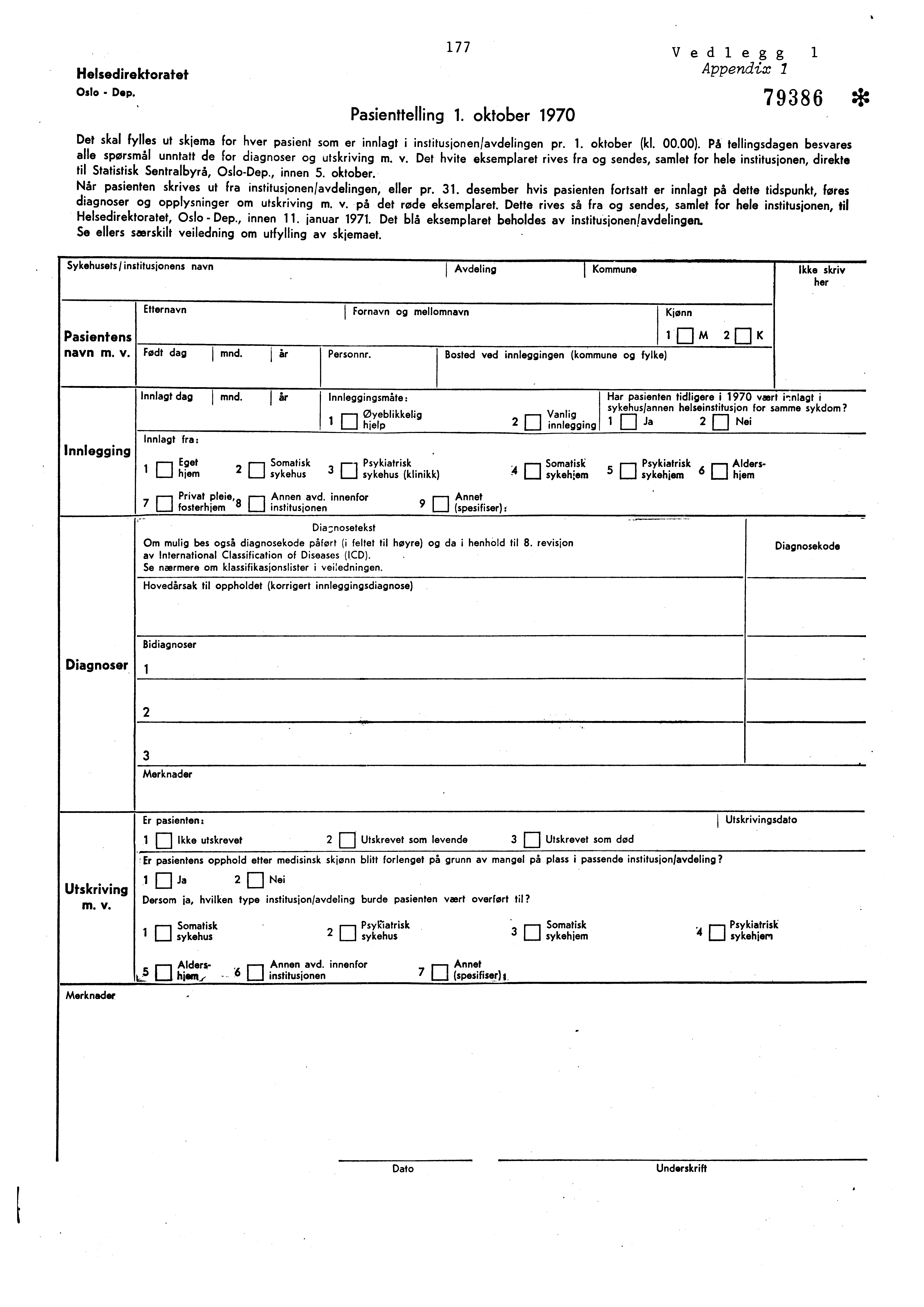 Helsedirektoratet Oslo Dep. 77 Pasienttelling. oktober 970 Vedlegg Appendix I 79386 * Det skal fylles ut skjema for hver pasient som er innlagt i institusjonen/avdelingen pr.. oktober (kl. 00.00).