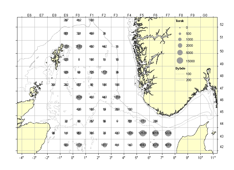 Fig. 13. Antall torsk estimert i hver rute.
