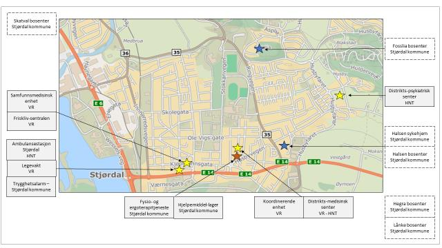 1 Dagens situasjon Figur 7: Kommunale helse- og omsorgstjenester og spesialisthelsetjenester plassert i Stjørdal sentrum Figur 8: Kart over hvor kommunale helse- og