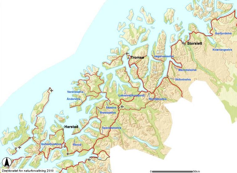 Figur 1 Kart over Troms fylke med markering for undersøkte elver. 3. Metoder Gytefiskregistreringene i Troms ble gjennomført i tidsrommet 15. september til 2. november.