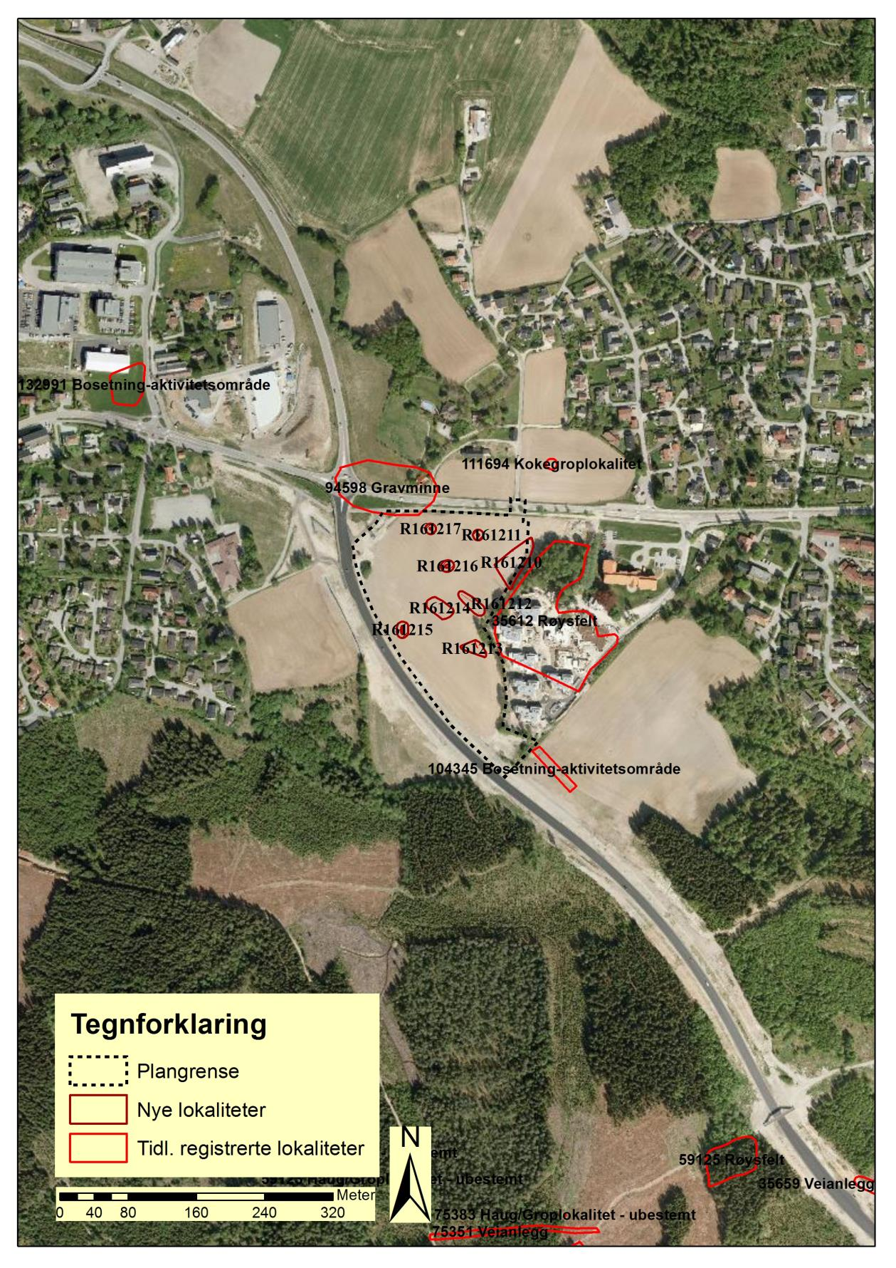 Oversiktskart Kart 1: Satellittbilde med de nye lokalitetene markert i mørk rød,