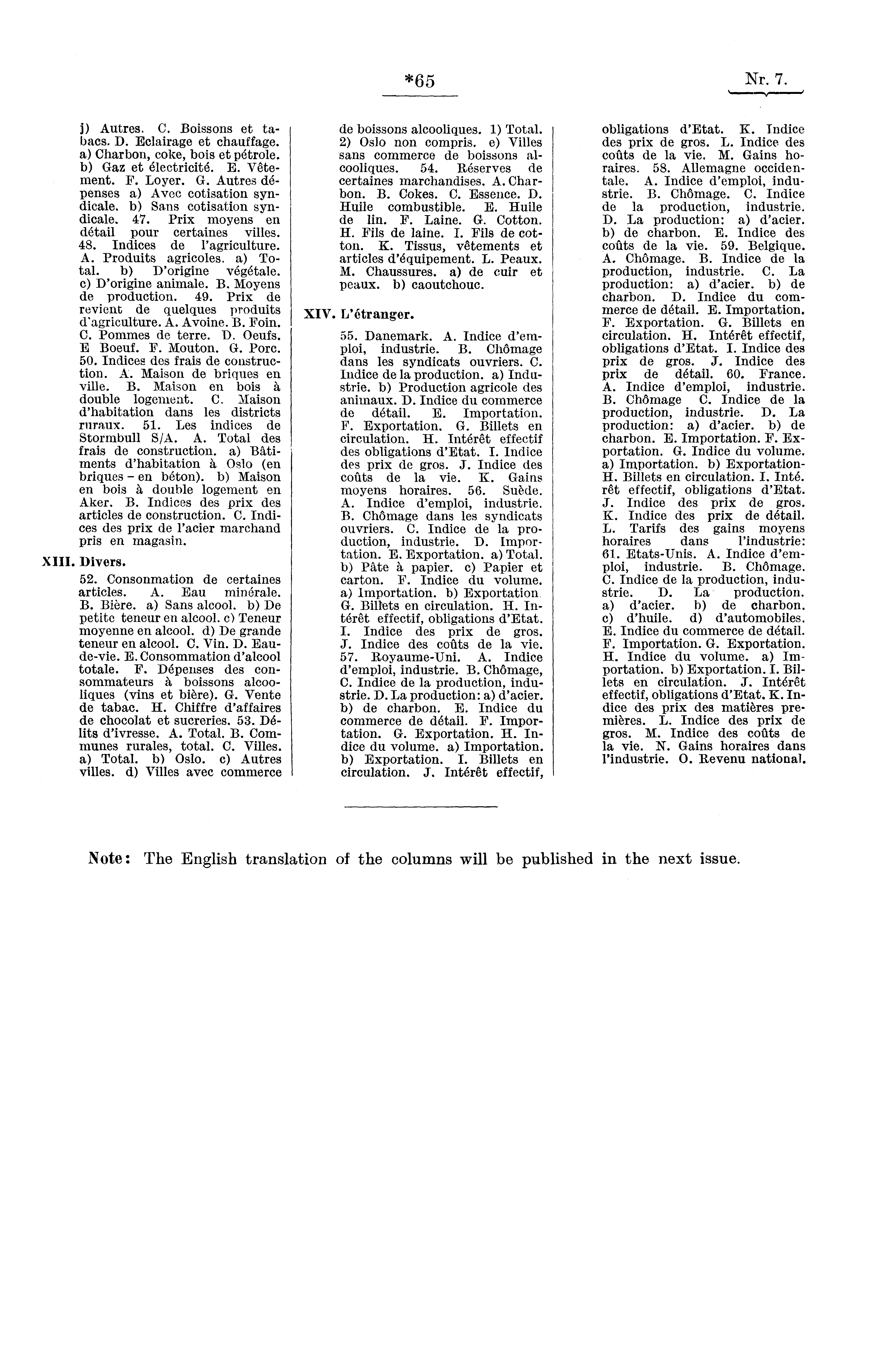 *65 Nr. 7. j) Autres. C. Boissons et tabacs. D. Eclairage et chauffage. a) Charbon, coke, bois et pétrole. b) Gaz et électricité. E. Vêtement. F. Loyer. G. Autres dépenses a) Avec cotisation syndicale.