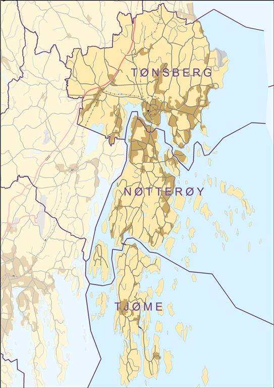Figur 1.3: Kommunedelplanen omfatter Tønsberg, Nøtterøy og Tjøme kommuner. Fra 01.01.2018 vil også Tjøme og Nøtterøy kommune slå seg sammen til Færder kommune.