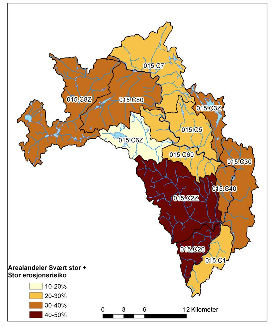 3.1.2. MILJØPÅVIRKNING FRA JORDBRUKSAREALENE Andelen Stor og Svært stor erosjonsrisiko (ved høstpløying) er betydelig i de fleste rapporterte deler av denne vassdragsenheten (Figur 22 og Tabell 44).