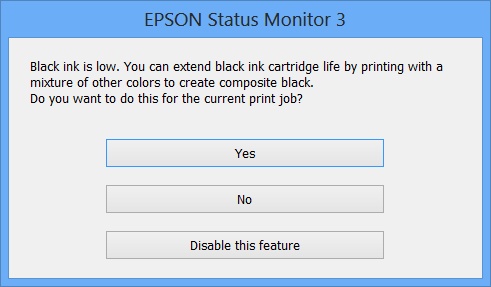 Skifte ut blekkpatroner og annet forbruksmateriell Kvalitet: Standard EPSON Status Monitor 3: Aktivert Hvis EPSON Status Monitor 3 er deaktivert, åpner du skriverdriveren, klikker på Utvidede