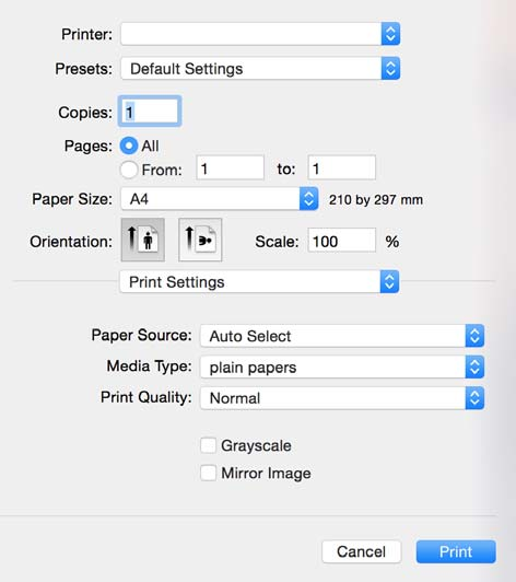 Utskrifter 5. Velg Utskriftsinnstillinger fra hurtigmenyen. På Mac OS X v10.8.x eller nyere, hvis Utskriftsinnstillinger-menyen ikke vises, har ikke Epson skriverdriveren blitt riktig installert.