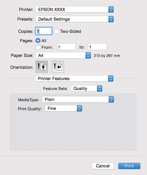 Utskrifter 6. Velg Printer Features fra hurtigmenyen og velg Quality som Feature Sets-innstilling.