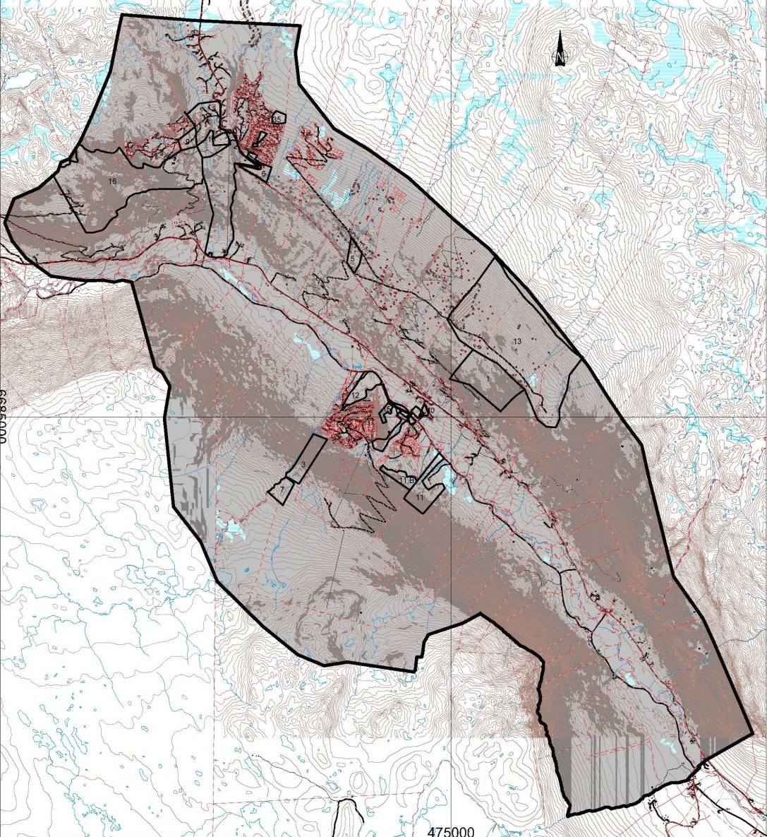 Fig 13: Kartet viser (grovt) områder som har helling brattere enn 1:3 vist med mørk grå farge. Områder med lys grå farge har helling slakere enn 1:3 4.