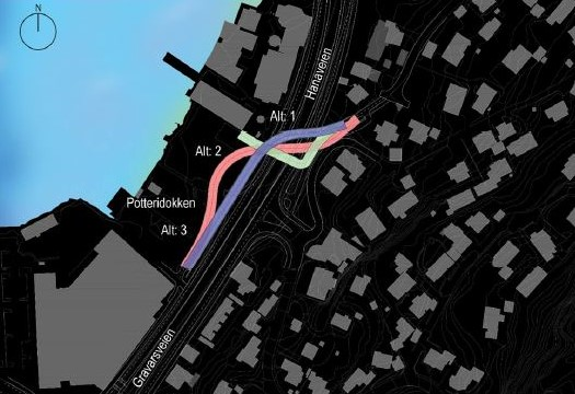 6 rundkjøring i Høgevollsveien velges, er kun alternativet med rød strek aktuelt. Dette alternativet anbefales ikke i forprosjektet. 2.