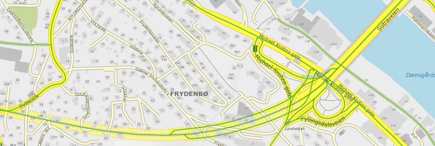 Damsgårdsveien er samleveg for bolig- og næringsområdene langs nedre del av Ytre Laksevåg, ut mot fjorden. Rv 582 Carl Konows gate og Michael Krohns gate er hovedveien til og fra Laksevåg.