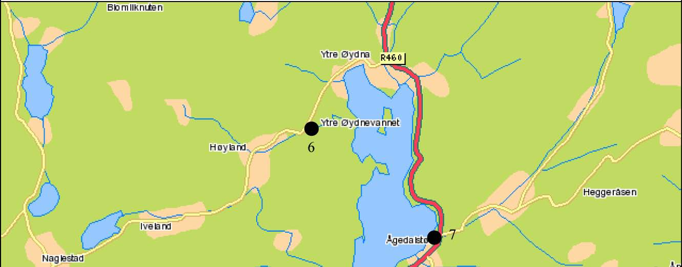 NIVA 17-27 Øydnavatna, med aukande omfang i utkantane av nedbørfeltet, er det granittisk djupbergart, såkalla porfyrisk biotittgranitt.