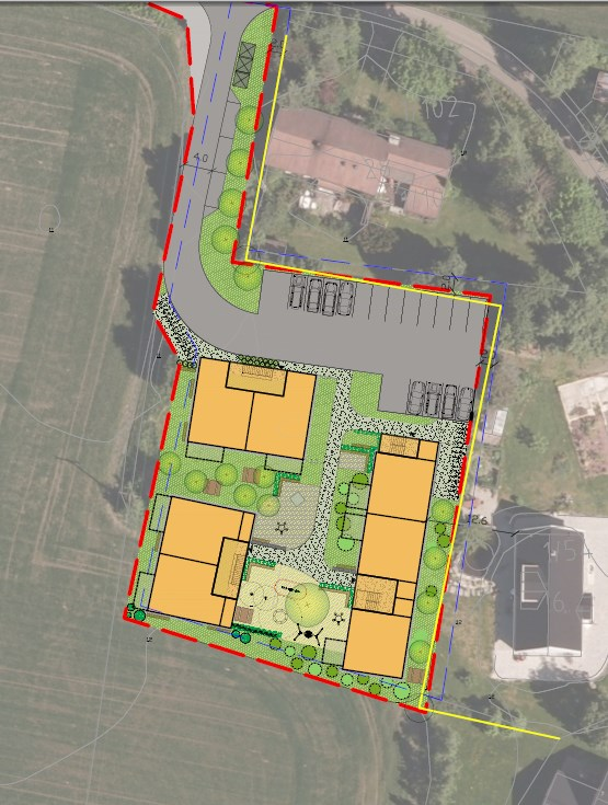 Figur 1 Blå stiplet linje er planavgrensningen ved formannskapets første behandling, rød stiplet linje er revidert planavgrensning, og gul linje er korrekte tomtegrenser.