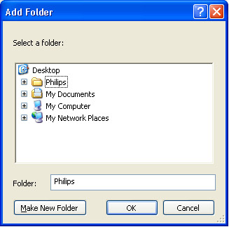 Angi mapper for deling I vinduet Add Folder (Legg til mappe) velger du en mappe med musikk, bilder eller videoer som du vil dele med andre enheter (TVen).