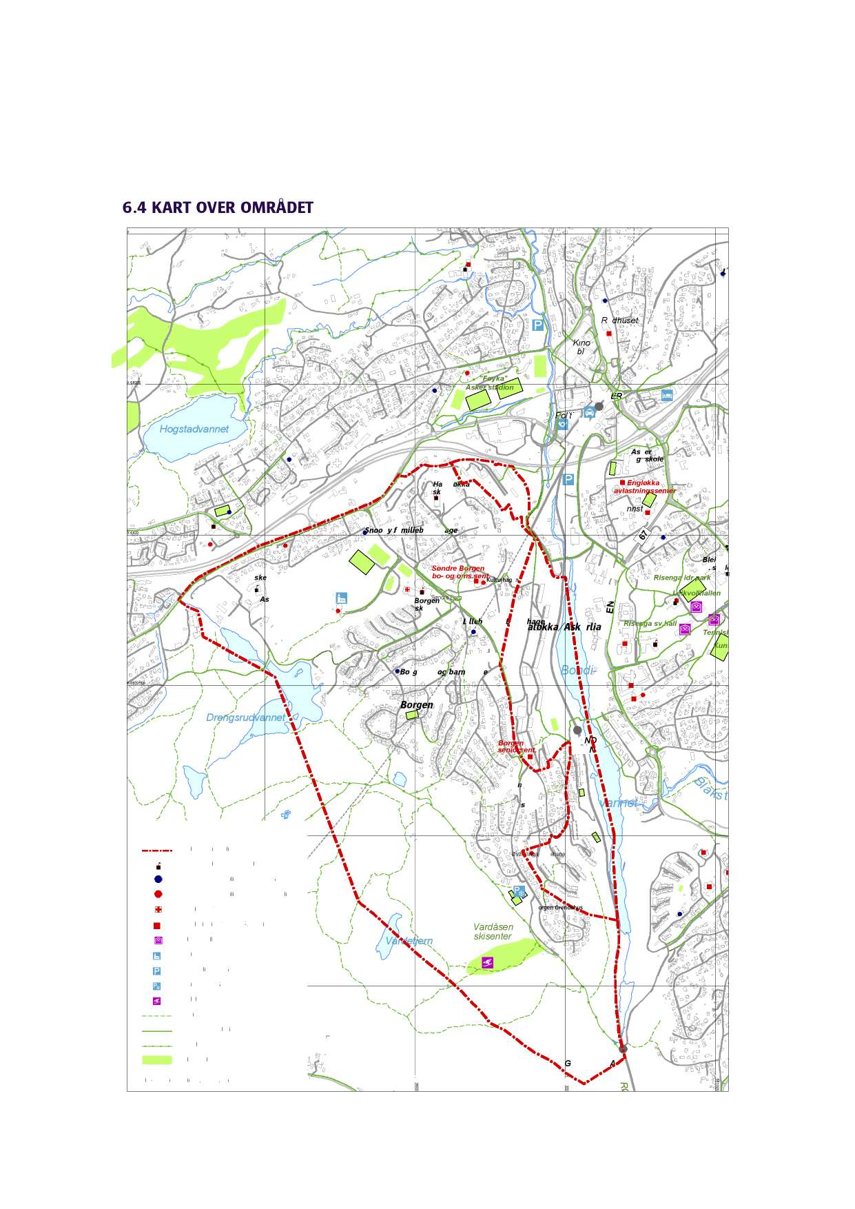 6.4 KART OVER OM RÅD ET X 6634600 L ' Ú Kino Bibl. Rådhuse t X 6633900 Hogs t advannet "Føyka" Asker stadion Ý Politi ASKE R æ Î Hagaløkka skole Ú Aske r v.g. skole Engløkka avlastningssenter Br ann st.