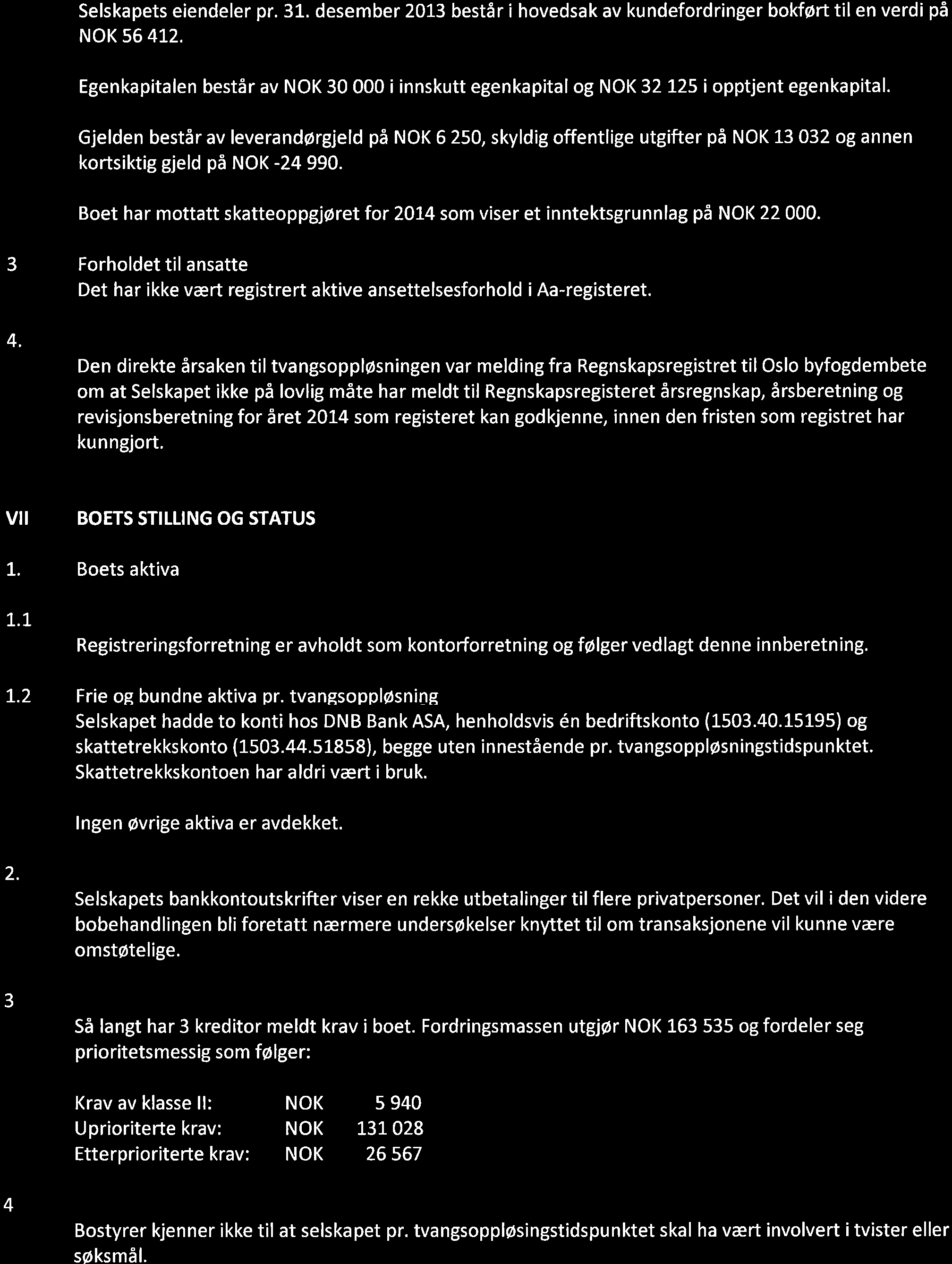 Selskapets eiendeler pr. 1. desember 201 består i hovedsak av kundefordringer bokført til en verdi på NOK 56 412.