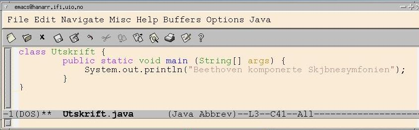 Et første program i Java ( her inne i emacs) Én utskriftsordre i dette programmet (+ noe uforstålig) class Utskrift { public static void main(string[] args) { System.out.