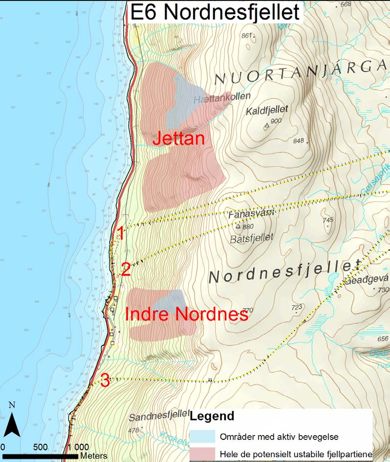 Dokumentnr.: 20120019-00-2-TN Side: 4 Figur 3. Vestre deler av tre alternative tunneltraseer (gule linjer) og de potensielle fjellskredene Jettan og Indre Nordnes. Ekvidistansen er 20 m.