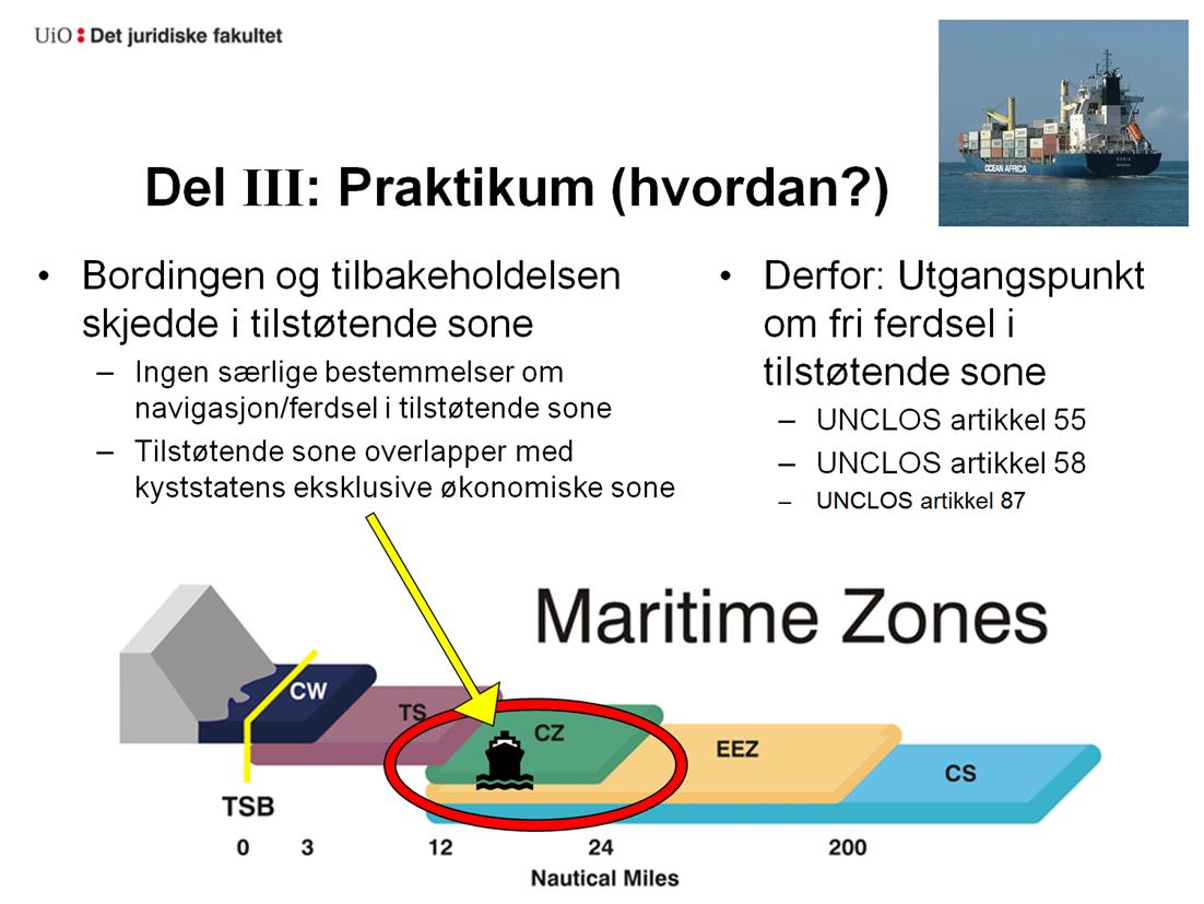 UNCLOS artikkel 55: «The exclusive economic zone is an area beyond and adjacent to the territorial sea [ ]» UNCLOS artikkel 58: «In the exclusive economic zone [ ] all states [ ] enjoy [ ] the