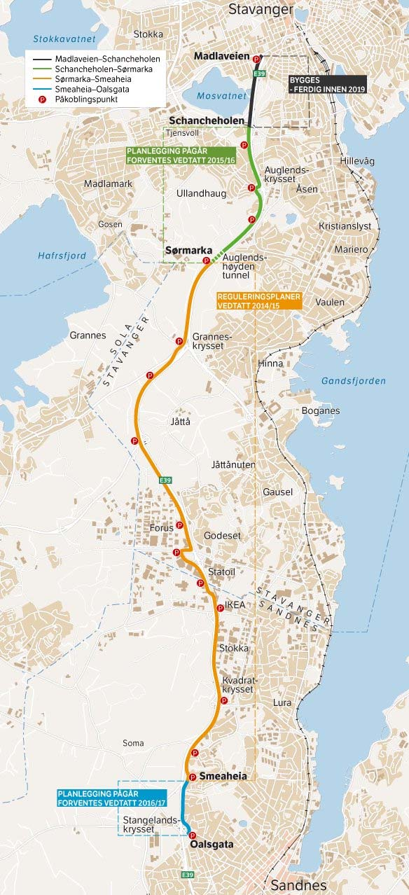 Sykkelstamveg Stavanger Sandnes Totalt 4 delstrekninger: DELSTREKNING MADLAVEIEN - SCHANCHEHOLEN (Ferdig prosjektert) DELSTREKNING SCHANCHEHOLEN SØRMARKA (Reguleringsplan forventes vedtatt 1.